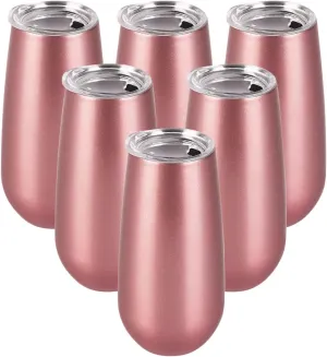 Lifecapido 6 Pack Stemless Double Insulated Champagne Flute Tumbler with Lid, 6 Oz Unbreakable Reusable Cocktail Champagne Toasting Glasses, Good Gift for Friends Family Christmas Birthday, Rose Gold