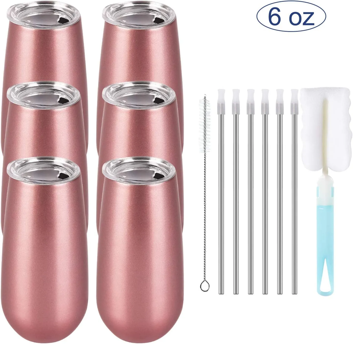 Lifecapido 6 Pack Stemless Double Insulated Champagne Flute Tumbler with Lid, 6 Oz Unbreakable Reusable Cocktail Champagne Toasting Glasses, Good Gift for Friends Family Christmas Birthday, Rose Gold