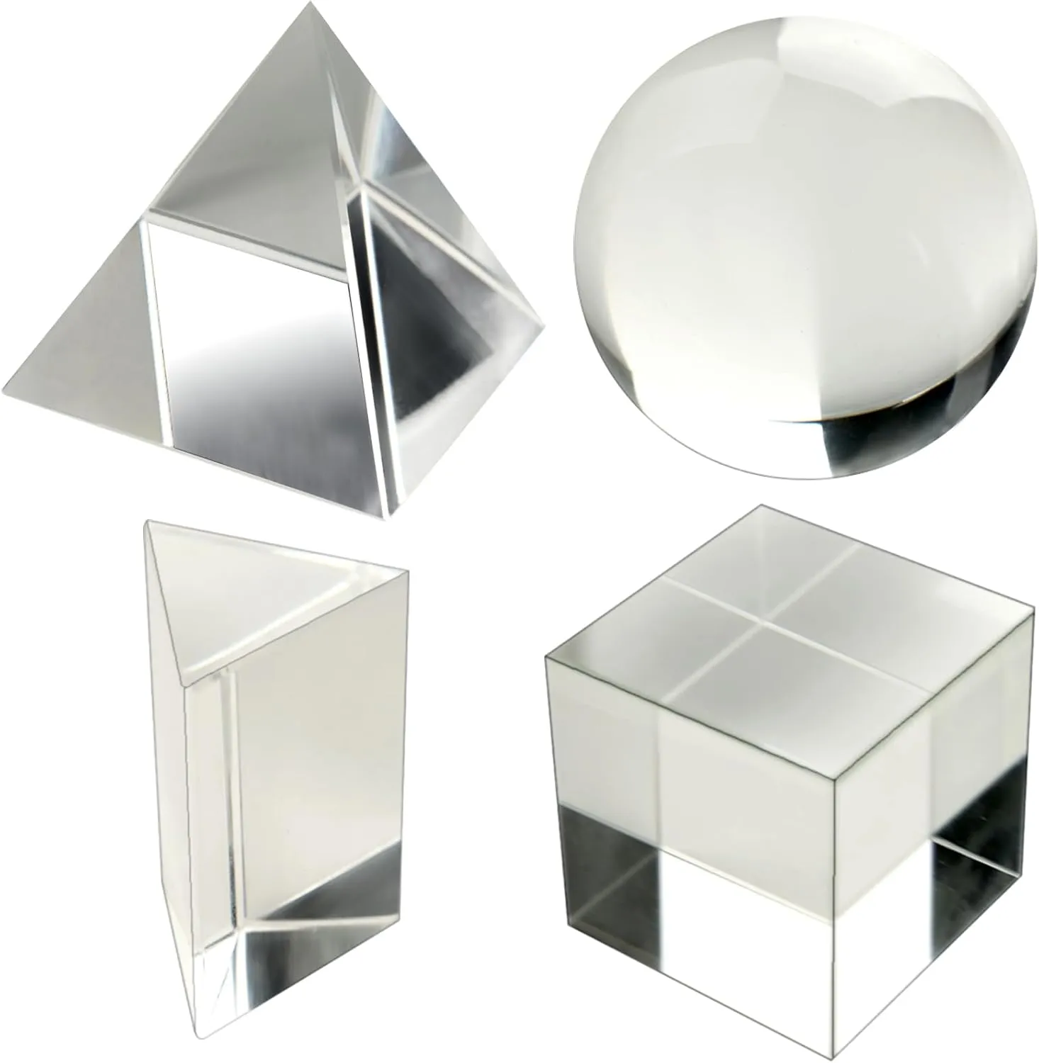LPKADQA K9 Optical Crystal Photography Prism Set, 4 Pack Include 55mm Crystal Ball, 50mm Crystal Cube, 50mm Triangular Prism, 60mm Optical Pyramid for Teaching, Playing, Photography