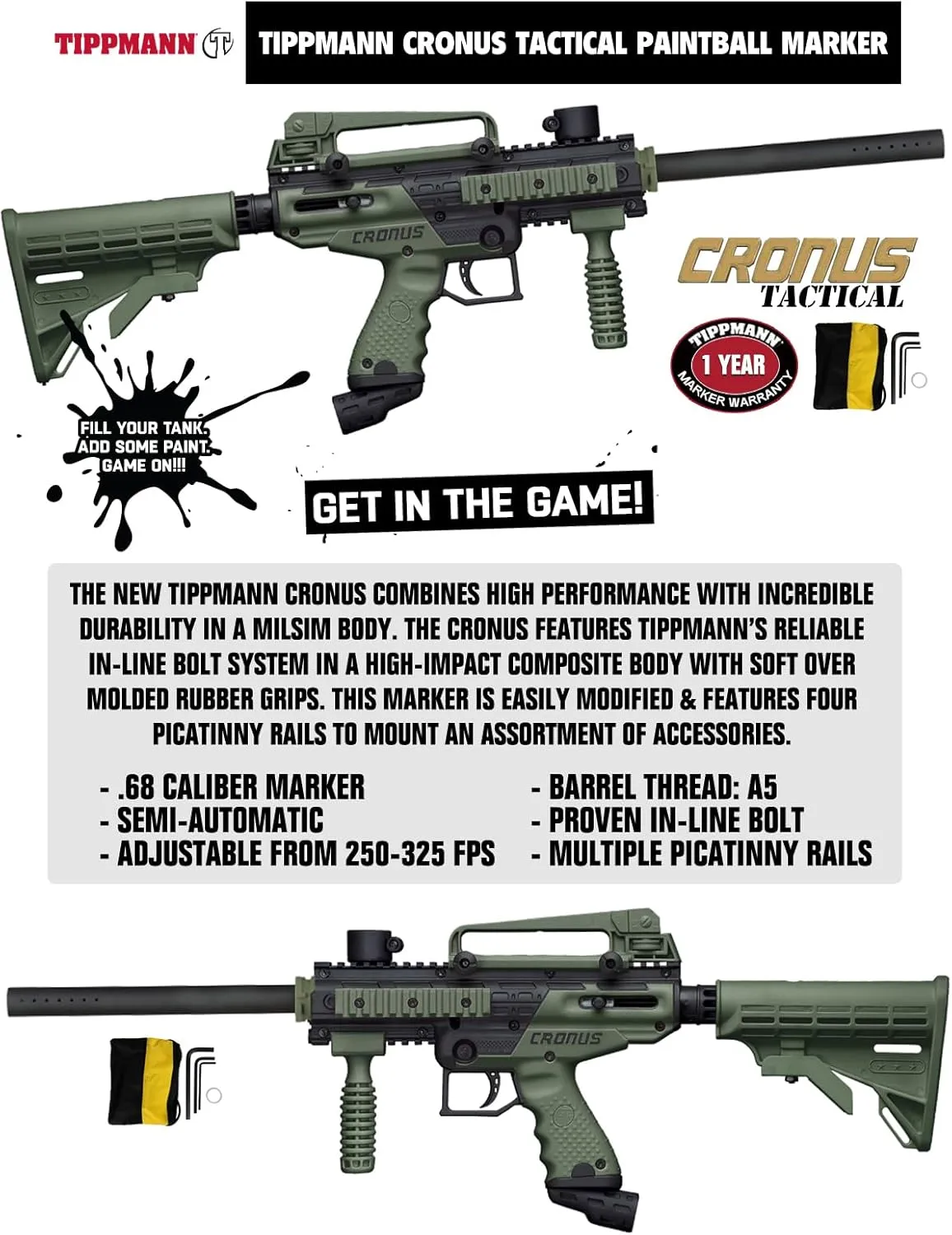 Maddog Tippmann Cronus Tactical Silver Paintball Gun Marker Starter Package