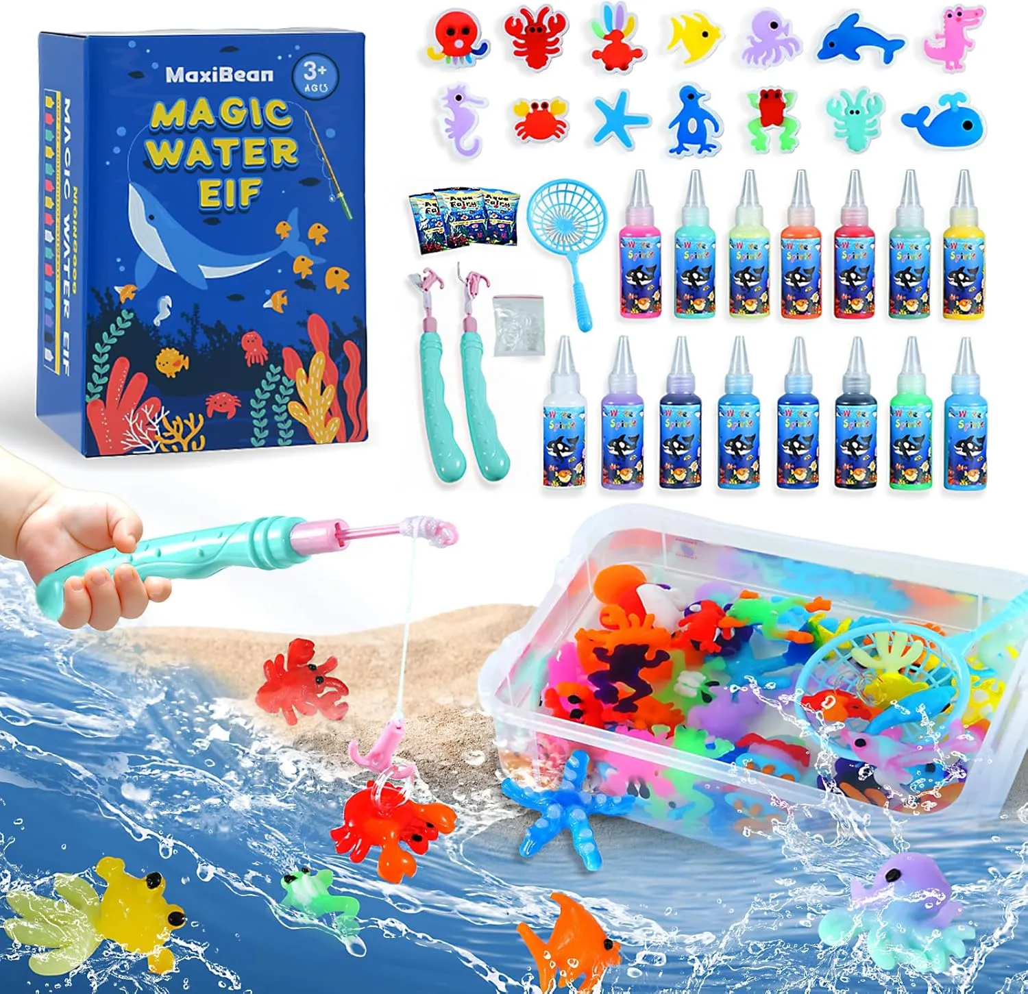 Magic Water Elf Toy Kit with Fishing Game-16 Colors Aqua Gel   15 Shape Molds   Fishing Accessories, Christmas Gifts,DIY STEM Educational Crafts, Birthday Gifts for 3-12 Year Old Girls & Boys