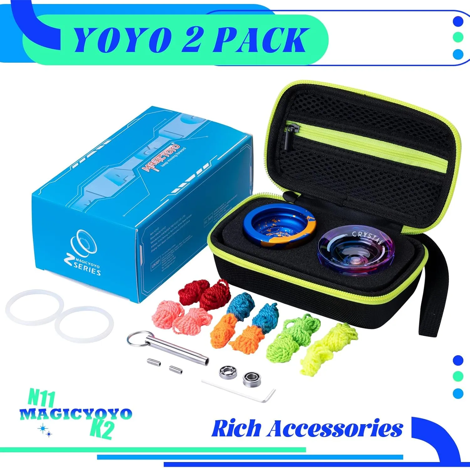 ‌MAGICYOYO Pro Yoyo 2 Pack (N11 & K2)‌ - Convertible Responsive/Unresponsive Design for Kids & Adults, Professional Plastic/Metal Trick Yo-Yo with 12 Yo yo Strings   Case   Bearing Kit