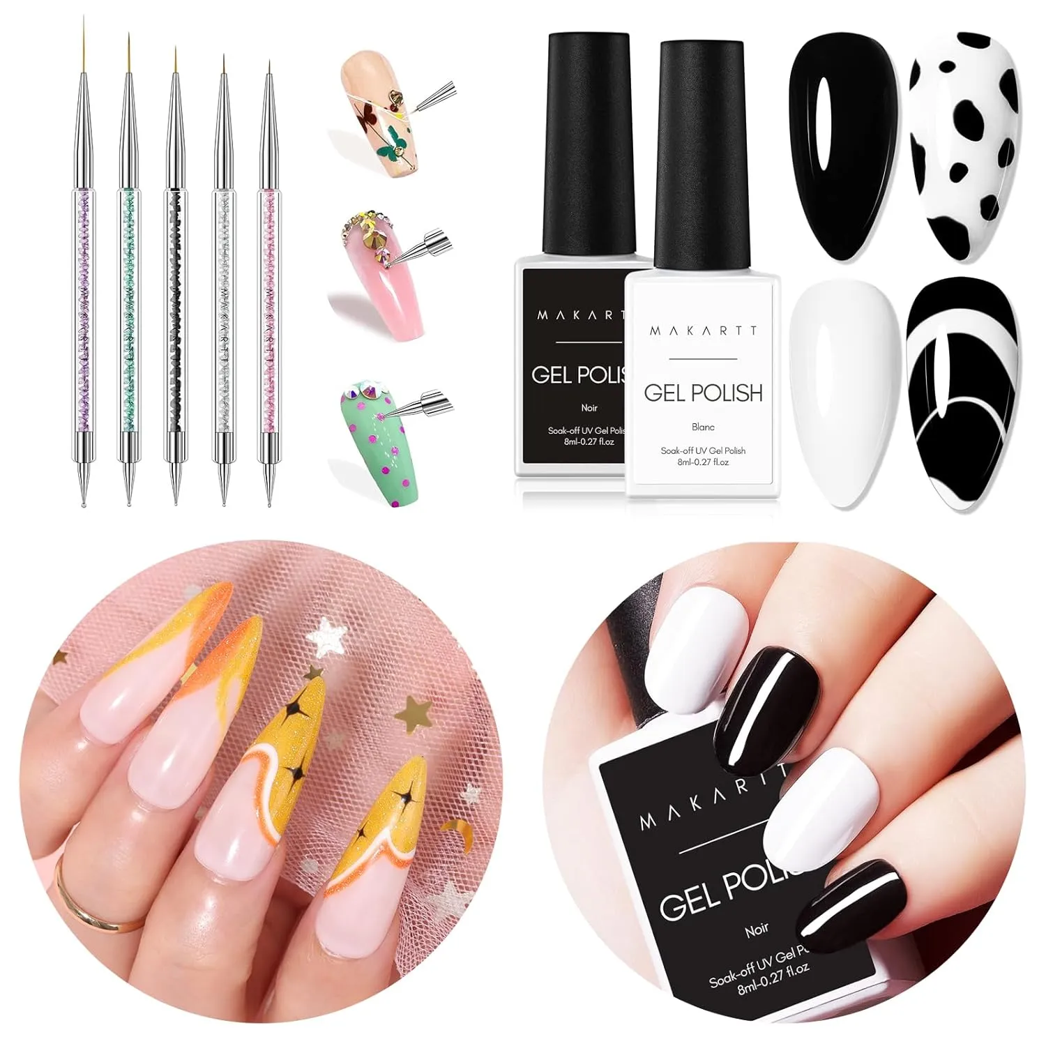 Makartt Double-Ended Nail Art Brushes Set with Gel Nail Polish Bundle, 5PCS Nail Design Brushes Dotting Pen Multifunctional Nail Design Tools Kit, Soak Off Nail Gel Polish LED Required UV Gel Polish