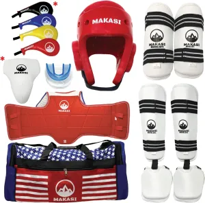 Martial Arts Taekwondo Sparring Gear Equipment Set Headgear Shin Instep Arm Chest Mouthguard Bag