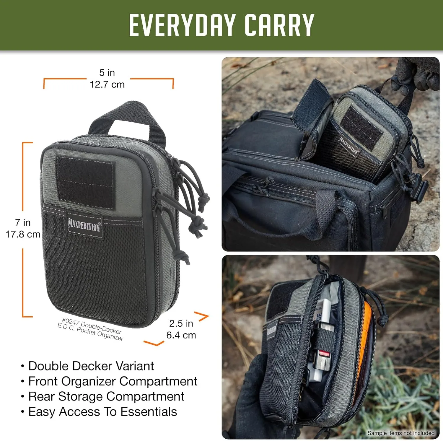 MAXPEDITION Double-Decker EDC Pocket Organizer (5” x 2.5” x 7”) EDC Pouch, Tactical Tool Pouch for Organization, MOLLE Accessories for Everyday Carry, 0247