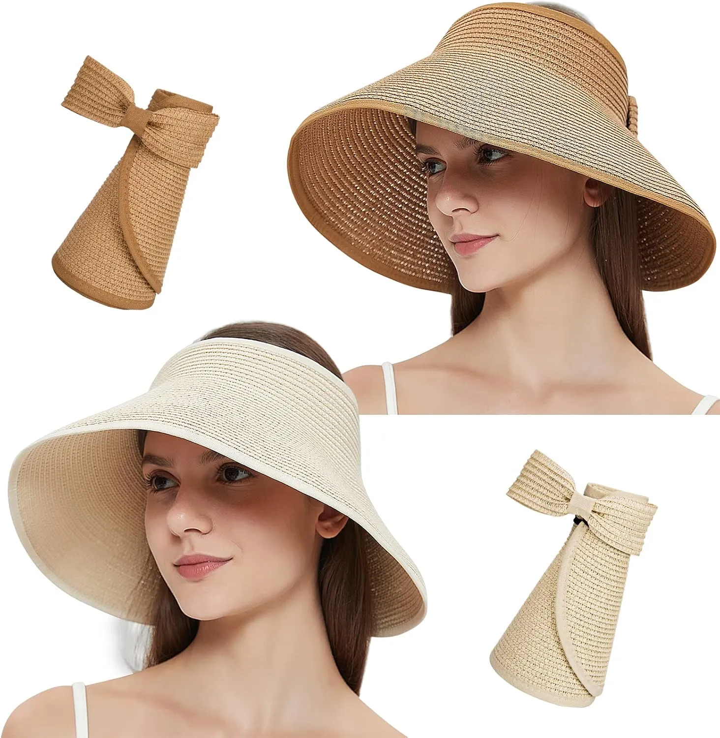 MAYLISACC Foldable Straw Sun Visors for Women, Sun Protecetion Wide Brim Sun Hats Adjustable Topless Beach Hat