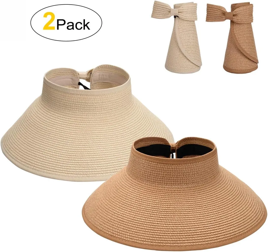 MAYLISACC Foldable Straw Sun Visors for Women, Sun Protecetion Wide Brim Sun Hats Adjustable Topless Beach Hat