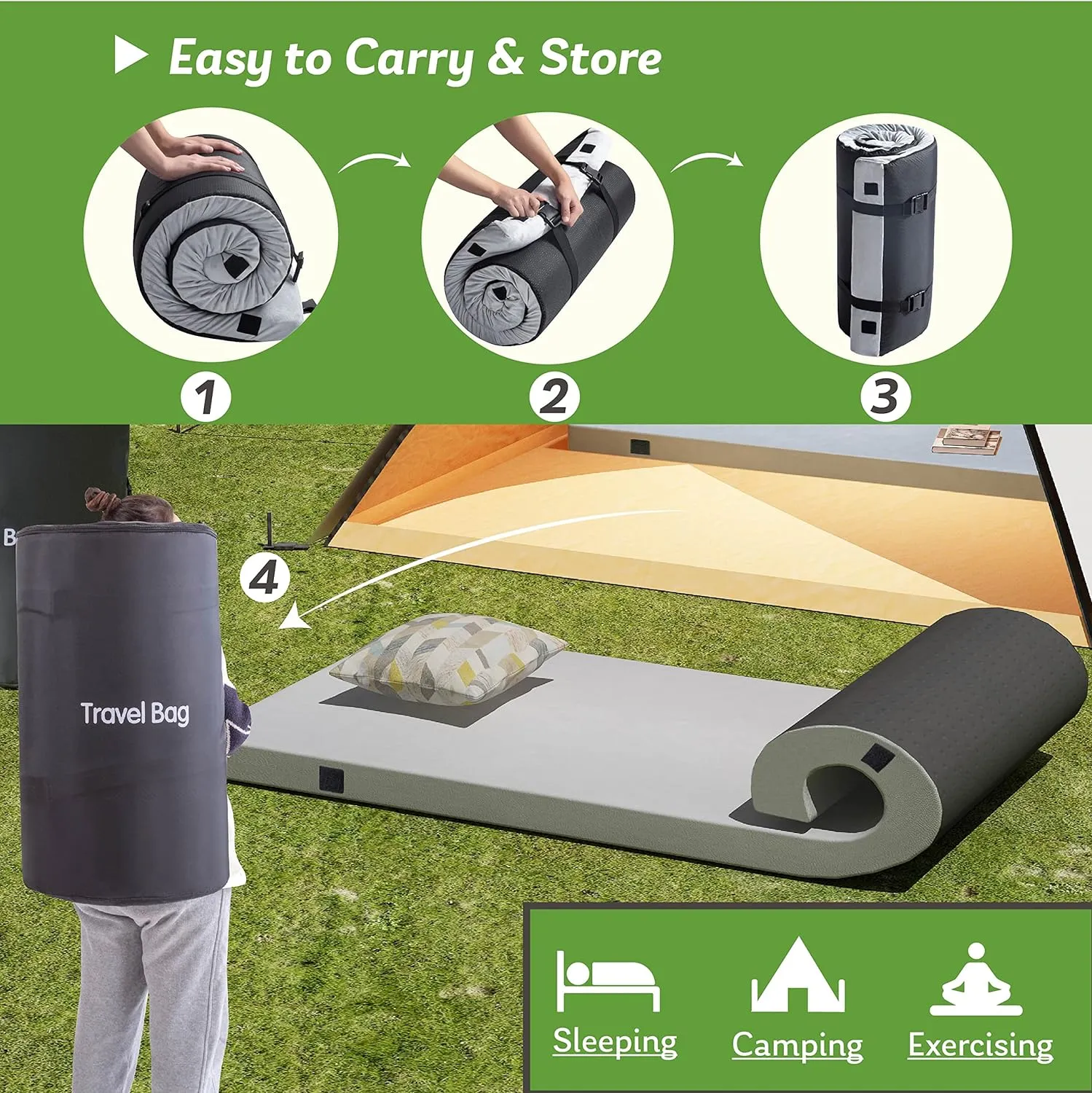 Memory Foam Camping Mattress 2.5 inch, Single Portable Roll Up Camping Sleep Topper with Waterproof and Non-Slip Bottom, Camping Car Mat with Travel Bag, 75"×30"×2.5", Grey