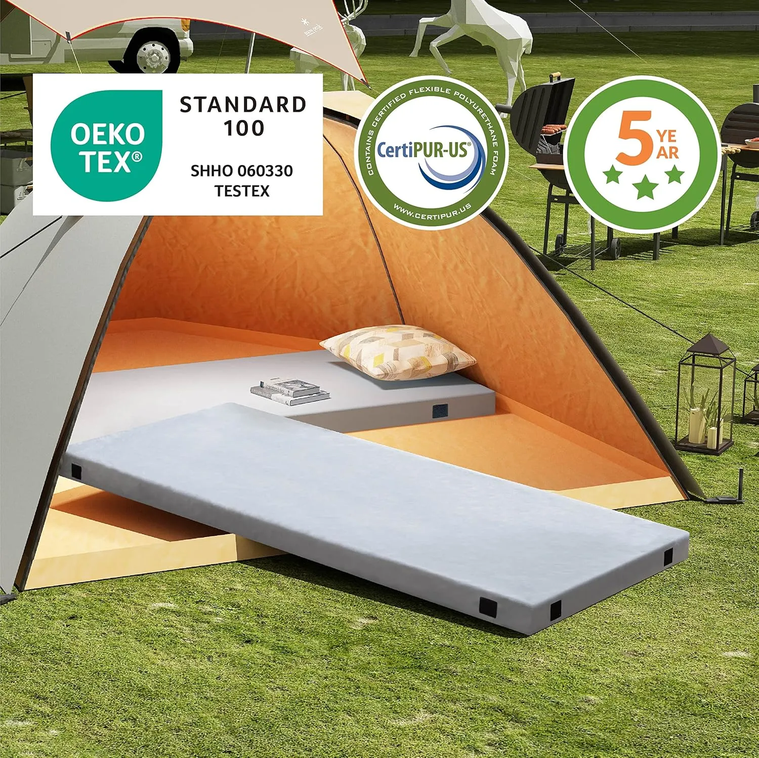 Memory Foam Camping Mattress 2.5 inch, Single Portable Roll Up Camping Sleep Topper with Waterproof and Non-Slip Bottom, Camping Car Mat with Travel Bag, 75"×30"×2.5", Grey