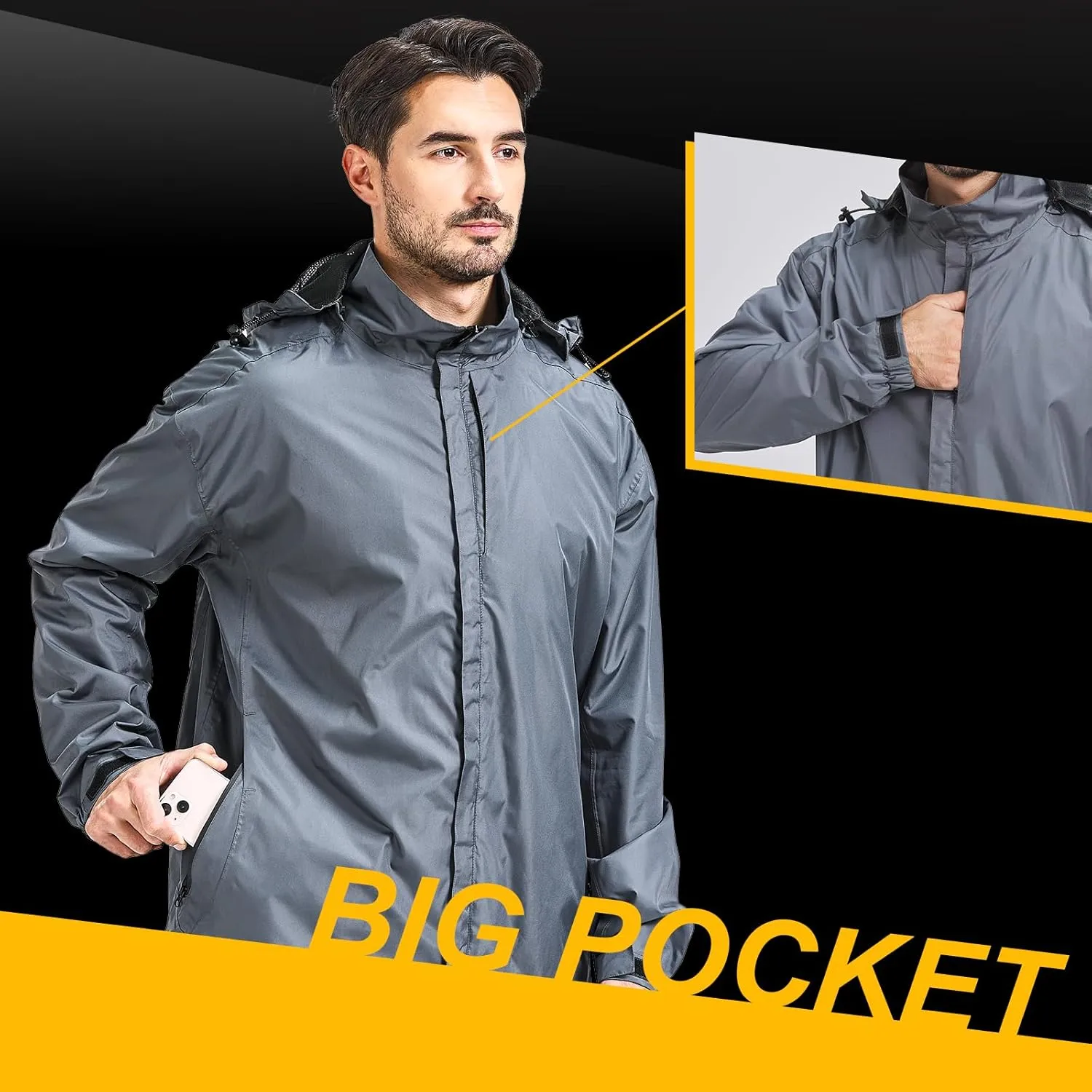Men's Packable Rain Jacket Waterproof Outdoor Classic Lightweight Raincoat Hooded Windbreaker