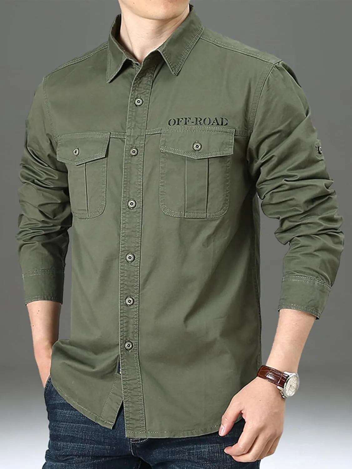 Men's Roll-Up Sleeve Cargo Work Shirts with Pockets