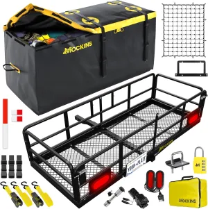 Mockins 60"x24"x14" High Rail Folding Trailer Hitch Cargo Carrier w/Rear Lights, Plate Bracket & 30 CuFt Waterproof Cargo Bag |500Lbs Cap Luggage Rack for SUV, Car & Truck w/Car Carrier Accessories