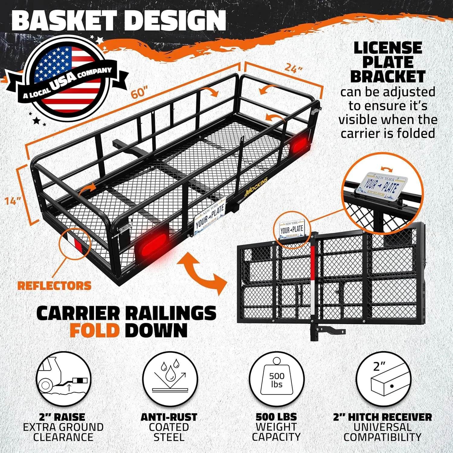 Mockins 60"x24"x14" High Rail Folding Trailer Hitch Cargo Carrier w/Rear Lights, Plate Bracket & 30 CuFt Waterproof Cargo Bag |500Lbs Cap Luggage Rack for SUV, Car & Truck w/Car Carrier Accessories