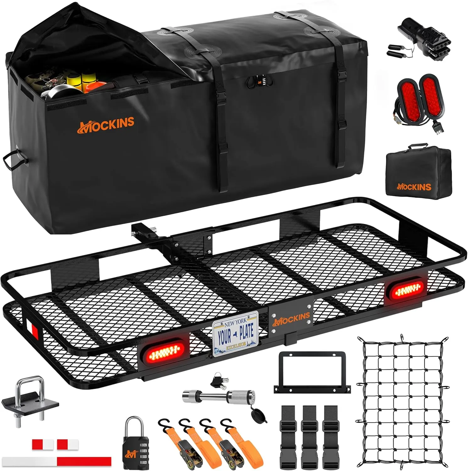 Mockins 60x20x6 Heavy Duty Folding Trailer Hitch Cargo Carrier w/ 20 CuFt Waterproof Truck Bag | 500 Lbs Cap Weatherproof Cargo Hitch Carrier w/Rear Lights, License Plate Holder & Rack Accessories