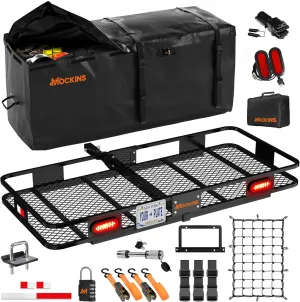 Mockins 60x20x6 Heavy Duty Folding Trailer Hitch Cargo Carrier w/ 20 CuFt Waterproof Truck Bag | 500 Lbs Cap Weatherproof Cargo Hitch Carrier w/Rear Lights, License Plate Holder & Rack Accessories