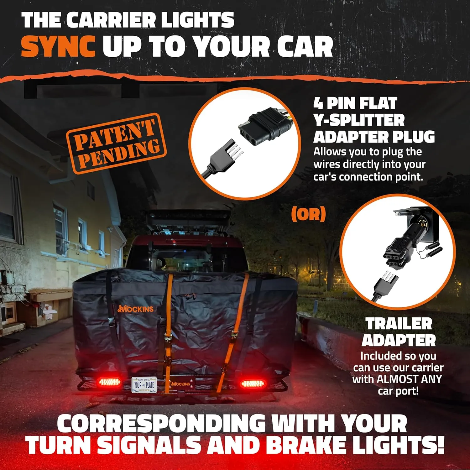 Mockins 60x20x6 Heavy Duty Folding Trailer Hitch Cargo Carrier w/ 20 CuFt Waterproof Truck Bag | 500 Lbs Cap Weatherproof Cargo Hitch Carrier w/Rear Lights, License Plate Holder & Rack Accessories