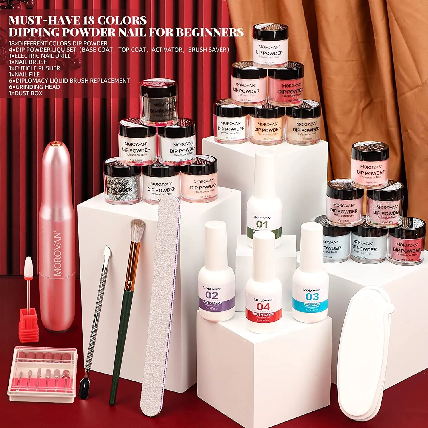 Morovan Dip Powder Nail Kit: Starter Kit 54pcs Nails Dipping Powder Set 18 Colors with Electric Nail Drill