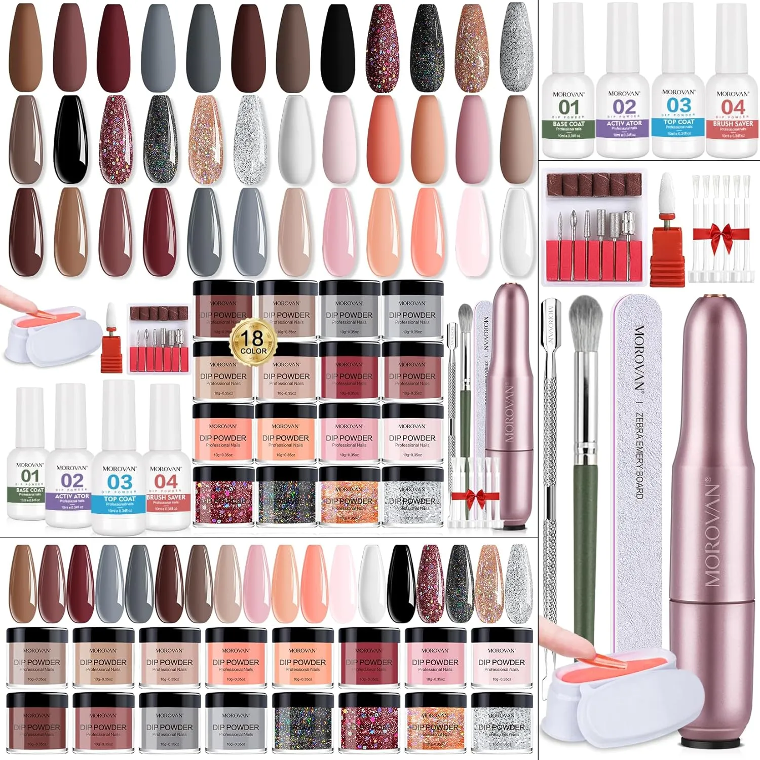 Morovan Dip Powder Nail Kit: Starter Kit 54pcs Nails Dipping Powder Set 18 Colors with Electric Nail Drill