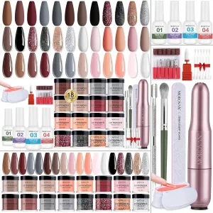 Morovan Dip Powder Nail Kit: Starter Kit 54pcs Nails Dipping Powder Set 18 Colors with Electric Nail Drill
