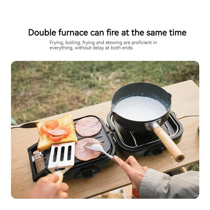 Naturehike Camping Gas Stove Ultralight Portable 2300W Two-Burner Head Foldable Outdoor Picnic BBQ Non-Stick Pan Stove Cookware