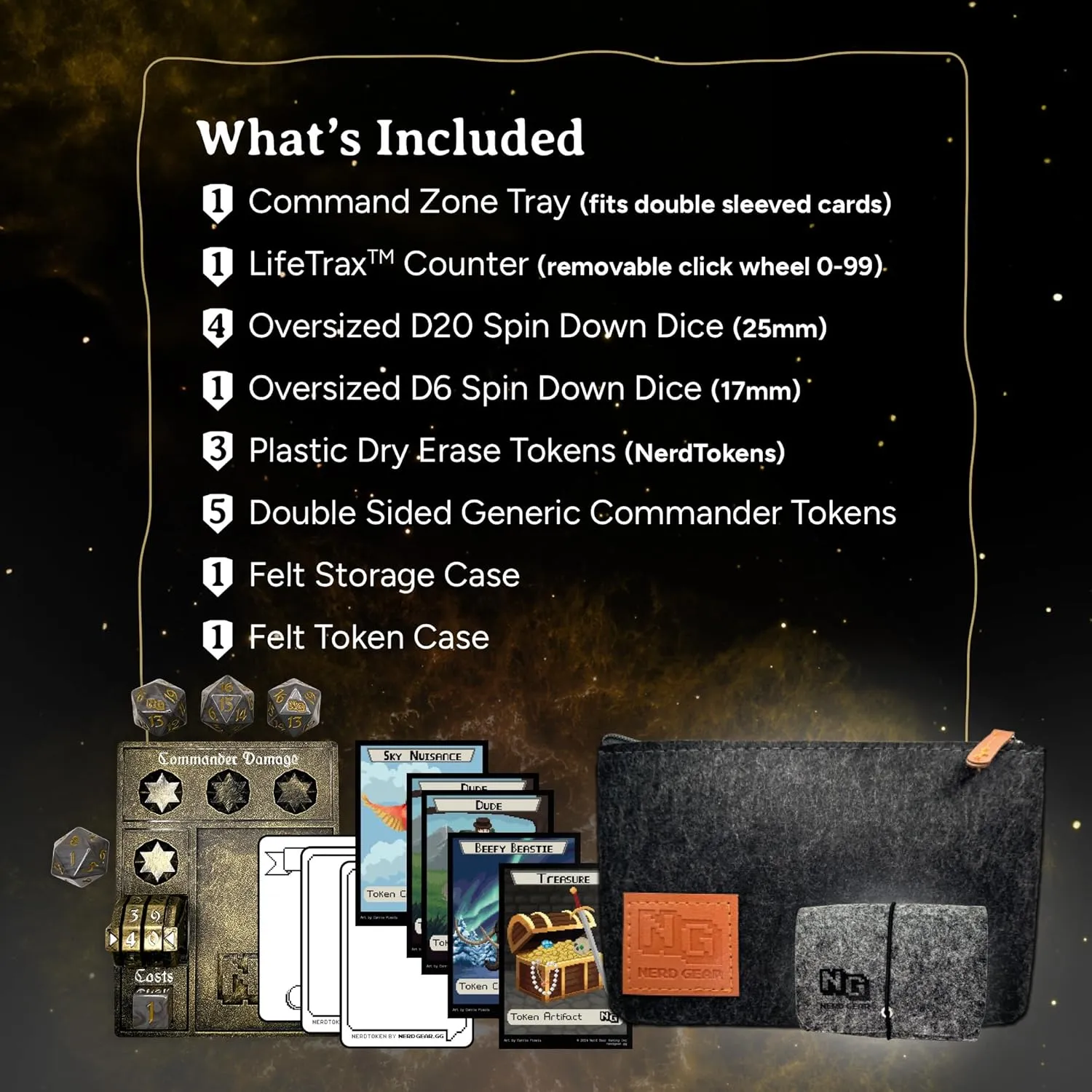 Nerd Gear Commander Essentials Kit - Ultimate Accessory for MTG Commander EDH - MTG Command Zone Tray - Health Counter - Spin Down Dice - Dry Erase Tokens (Ancient Bronze)