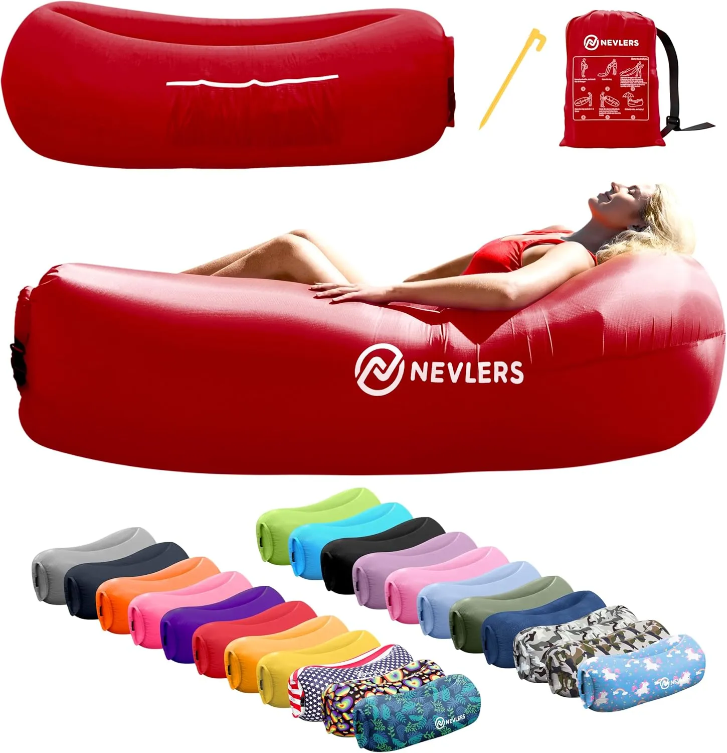 Nevlers Inflatable Lounger | 210T Polyester Inflatable Chair | No-Pump Blow Up Couch | Camping Couch Air Sofa Bed w/ 450 lbs. Cap., Pockets & Matching Bag | Use as Inflatable Couch for Adults & Kids