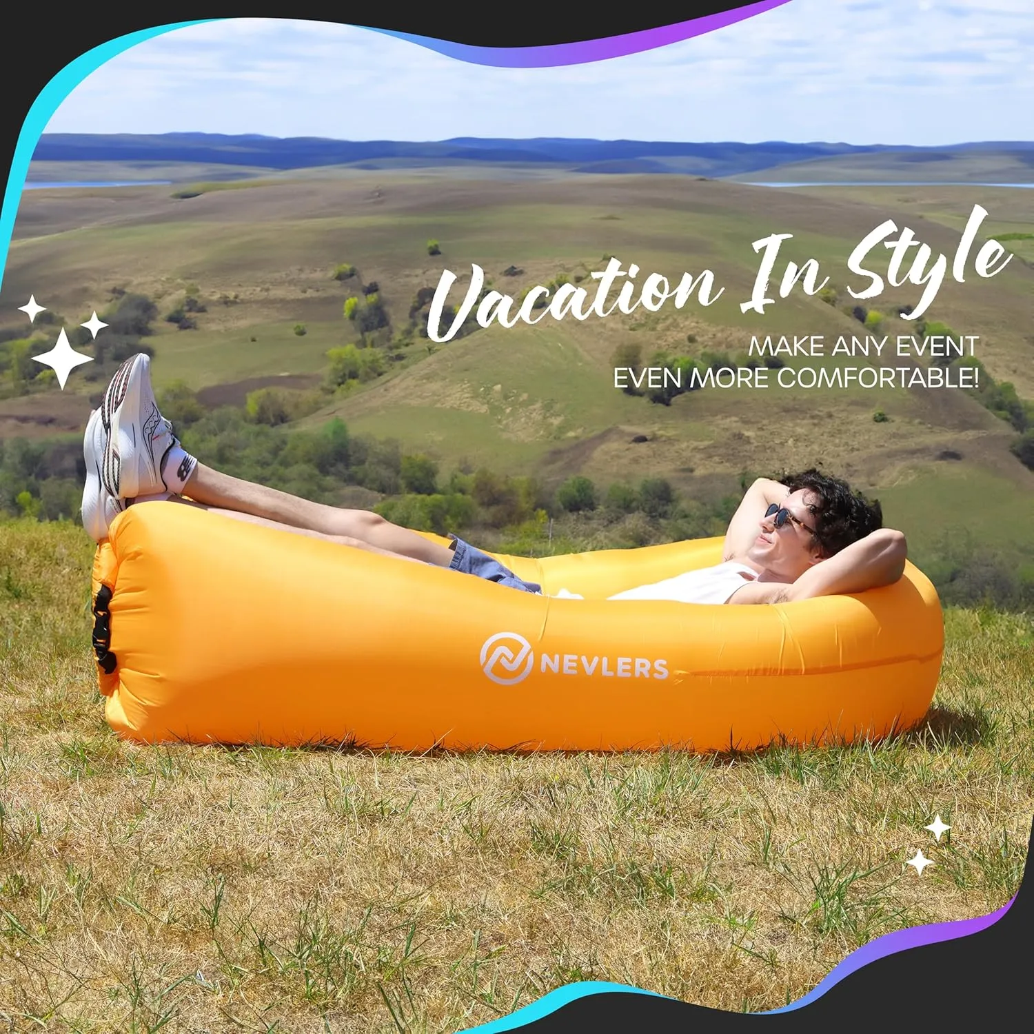 Nevlers Inflatable Lounger | 210T Polyester Inflatable Chair | No-Pump Blow Up Couch | Camping Couch Air Sofa Bed w/ 450 lbs. Cap., Pockets & Matching Bag | Use as Inflatable Couch for Adults & Kids