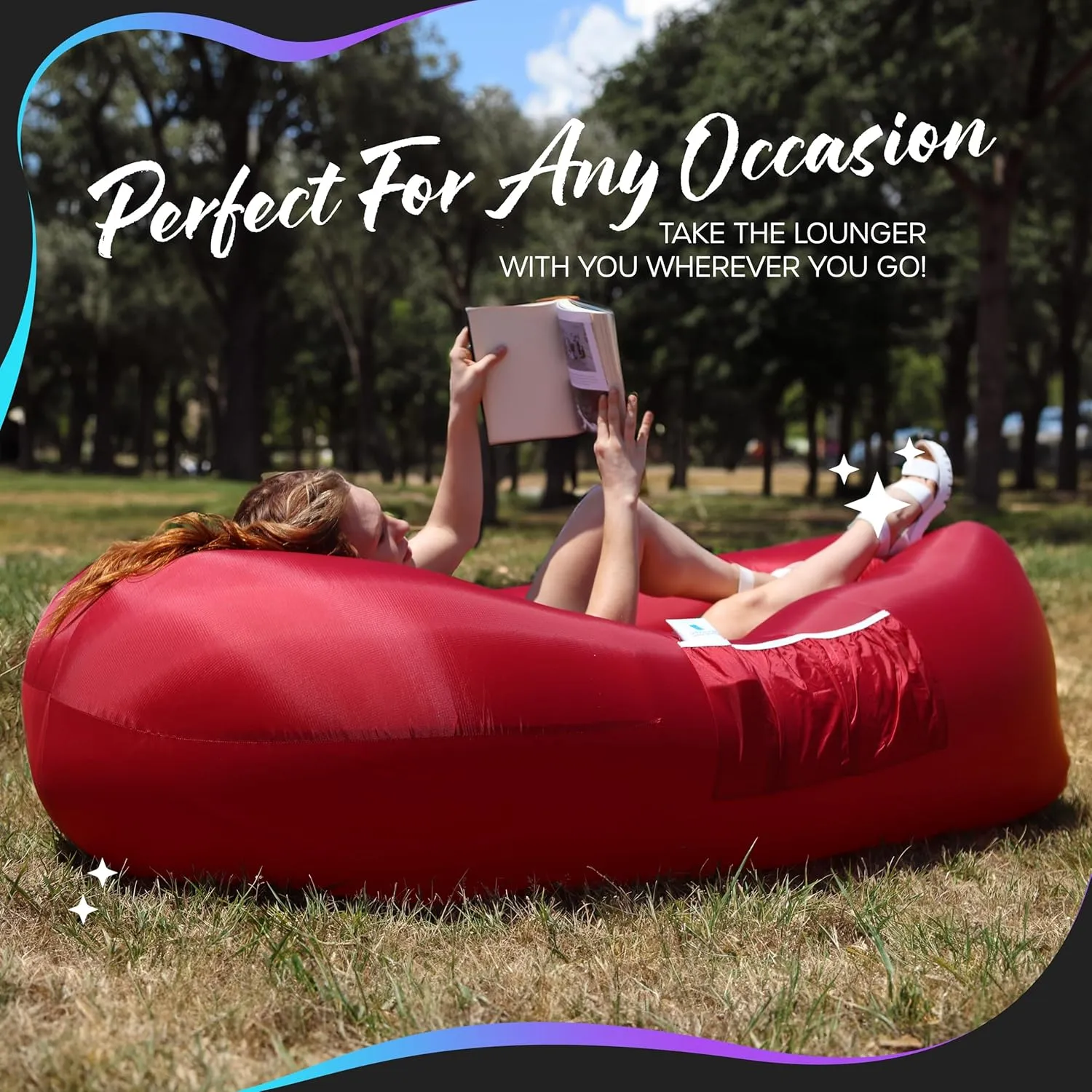 Nevlers Inflatable Lounger | 210T Polyester Inflatable Chair | No-Pump Blow Up Couch | Camping Couch Air Sofa Bed w/ 450 lbs. Cap., Pockets & Matching Bag | Use as Inflatable Couch for Adults & Kids