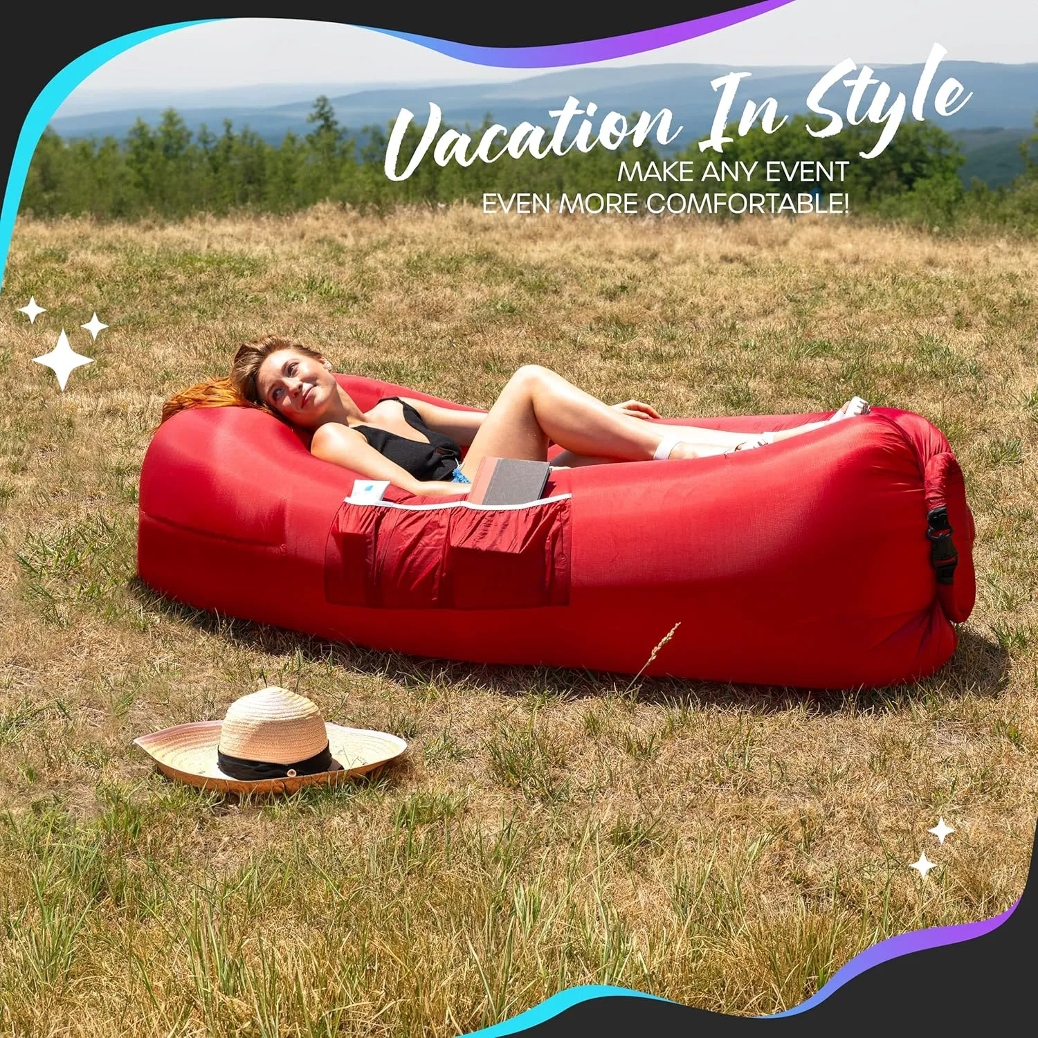 Nevlers Inflatable Lounger | 210T Polyester Inflatable Chair | No-Pump Blow Up Couch | Camping Couch Air Sofa Bed w/ 450 lbs. Cap., Pockets & Matching Bag | Use as Inflatable Couch for Adults & Kids
