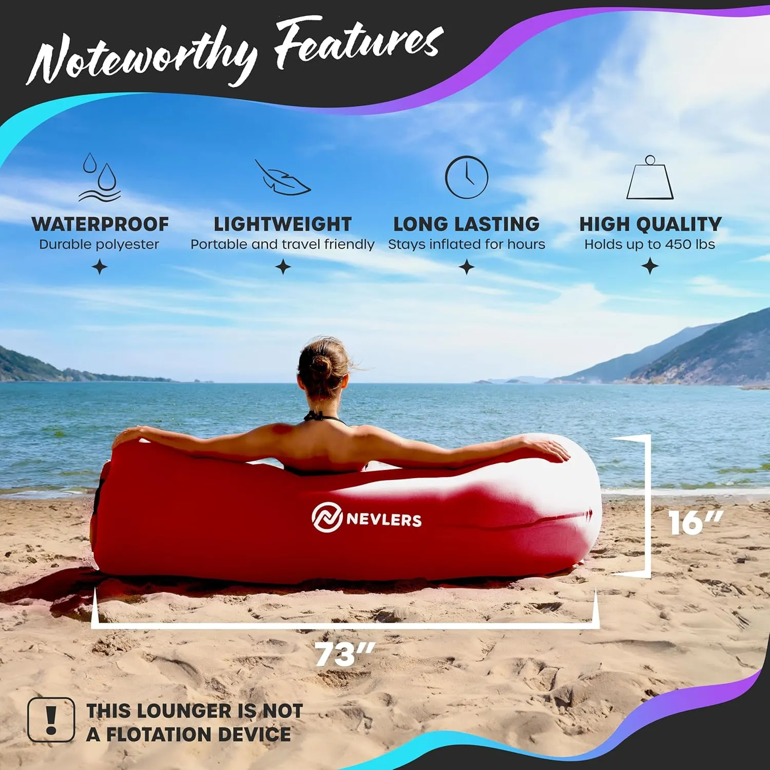 Nevlers Inflatable Lounger | 210T Polyester Inflatable Chair | No-Pump Blow Up Couch | Camping Couch Air Sofa Bed w/ 450 lbs. Cap., Pockets & Matching Bag | Use as Inflatable Couch for Adults & Kids