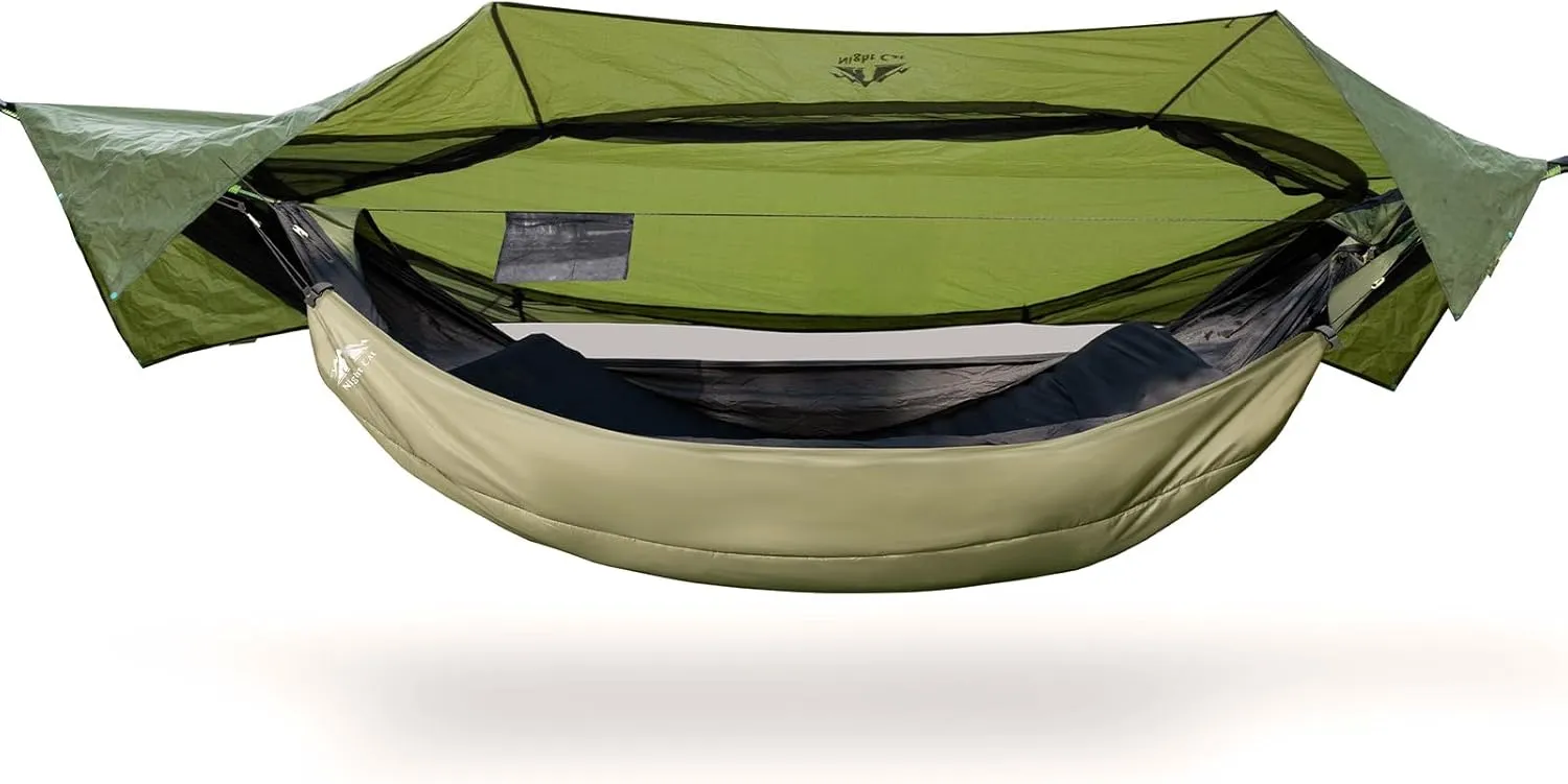 Night Cat Camping Hammock Tent with Hammock Underquilts Sleeping Bag Lightweight Portable 4 in 1 Hammock with Rain Tarp and Mosquito Net for Hiking Jungle Outdoor Green
