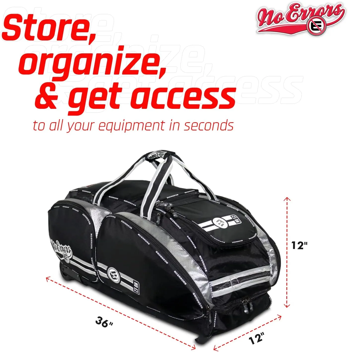 No Errors NO E2 Wheeled Catchers Gear Bag - Large Baseball and Softball Bag for Catcher’s Equipment with Fatboy Wheels