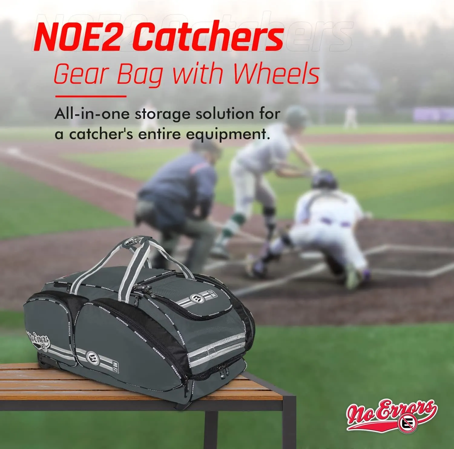 No Errors NO E2 Wheeled Catchers Gear Bag - Large Baseball and Softball Bag for Catcher’s Equipment with Fatboy Wheels