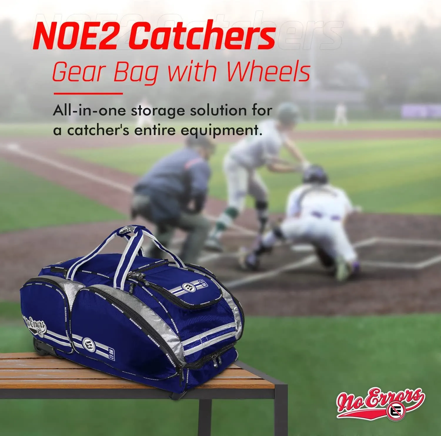 No Errors NO E2 Wheeled Catchers Gear Bag - Large Baseball and Softball Bag for Catcher’s Equipment with Fatboy Wheels
