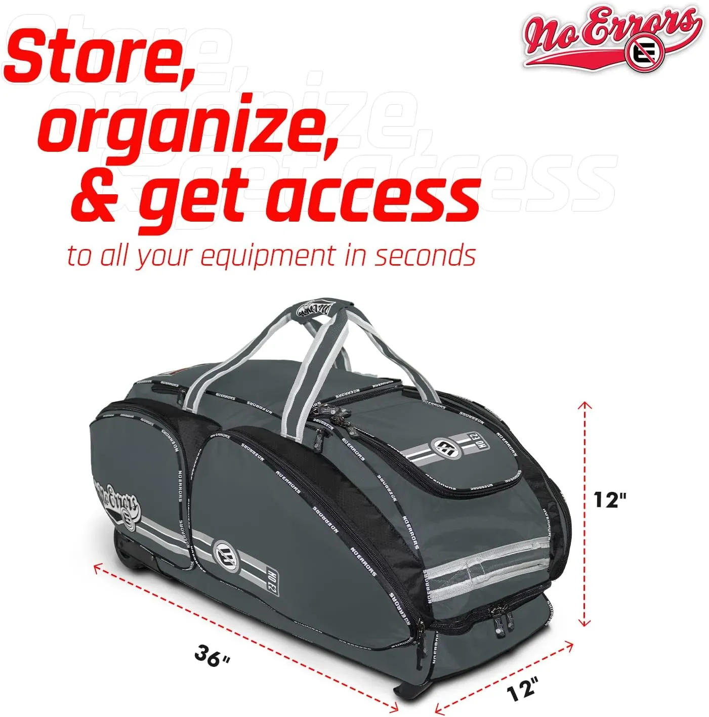 No Errors NO E2 Wheeled Catchers Gear Bag - Large Baseball and Softball Bag for Catcher’s Equipment with Fatboy Wheels