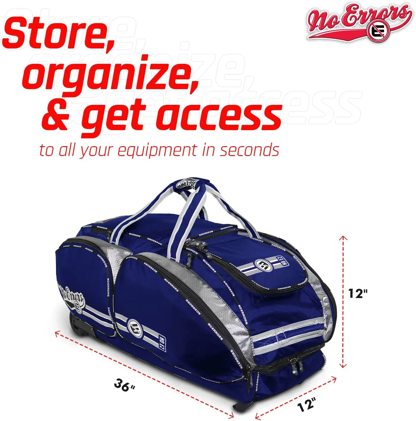 No Errors NO E2 Wheeled Catchers Gear Bag - Large Baseball and Softball Bag for Catcher’s Equipment with Fatboy Wheels