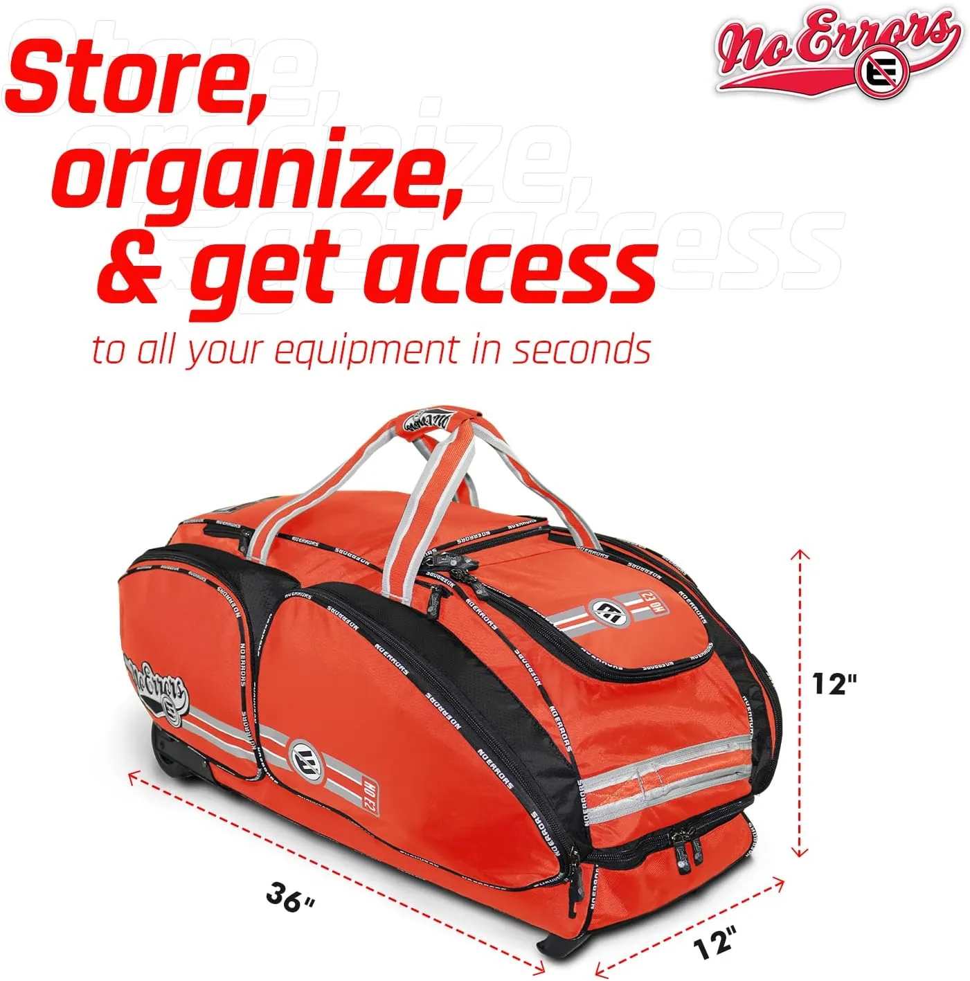 No Errors NO E2 Wheeled Catchers Gear Bag - Large Baseball and Softball Bag for Catcher’s Equipment with Fatboy Wheels