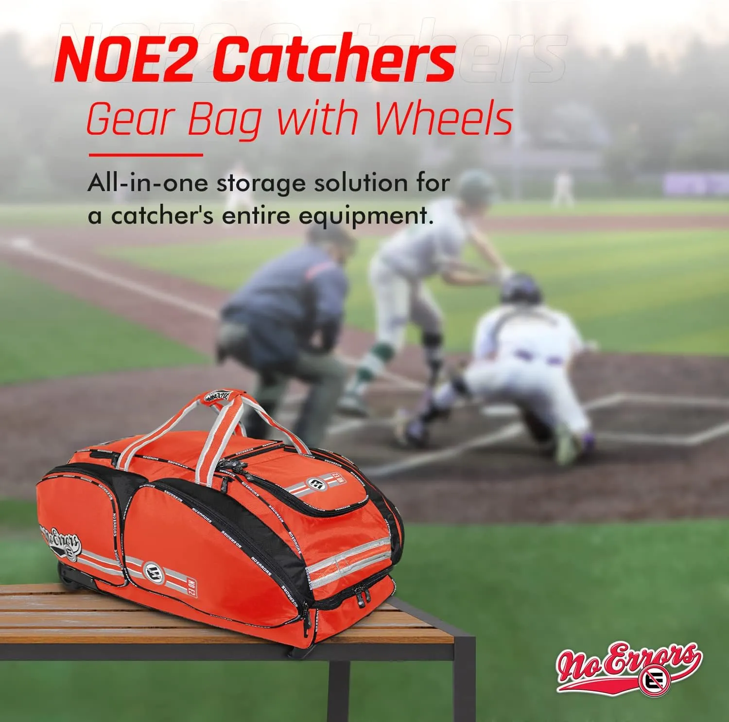 No Errors NO E2 Wheeled Catchers Gear Bag - Large Baseball and Softball Bag for Catcher’s Equipment with Fatboy Wheels