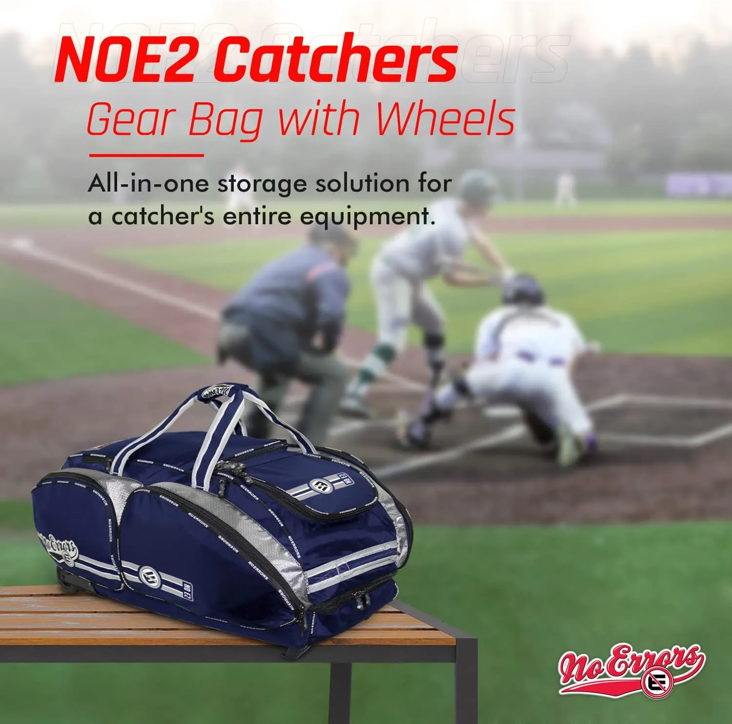 No Errors NO E2 Wheeled Catchers Gear Bag - Large Baseball and Softball Bag for Catcher’s Equipment with Fatboy Wheels
