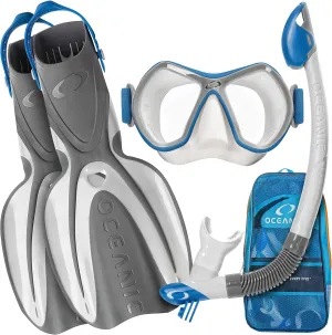 OCEANIC Snorkel Set – Snorkeling Gear, Panoramic Wide View, Anti-Fog Scuba Diving Mask, Snorkel, Fins & Mesh Gear Bag
