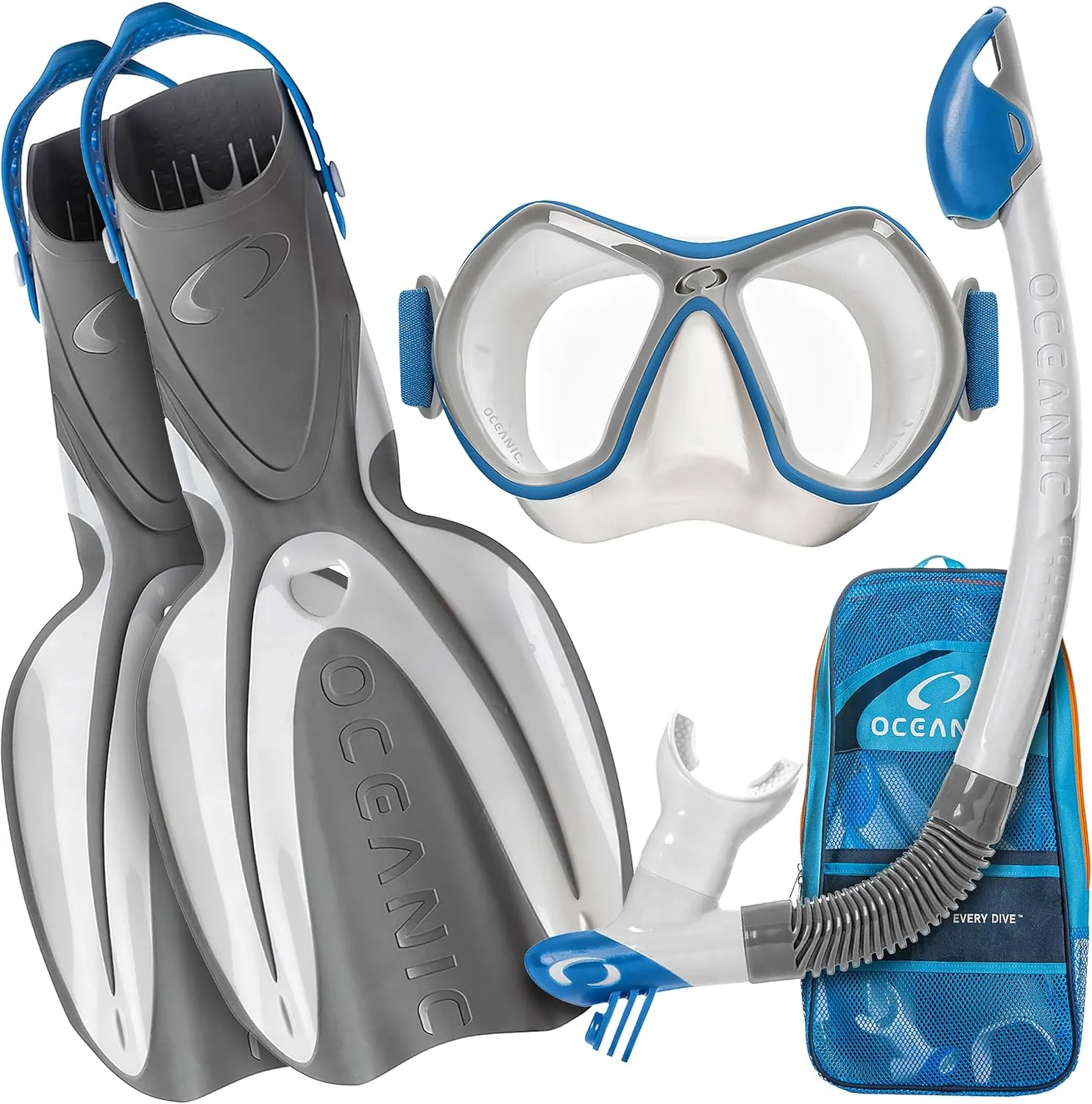 OCEANIC Snorkel Set – Snorkeling Gear, Panoramic Wide View, Anti-Fog Scuba Diving Mask, Snorkel, Fins & Mesh Gear Bag
