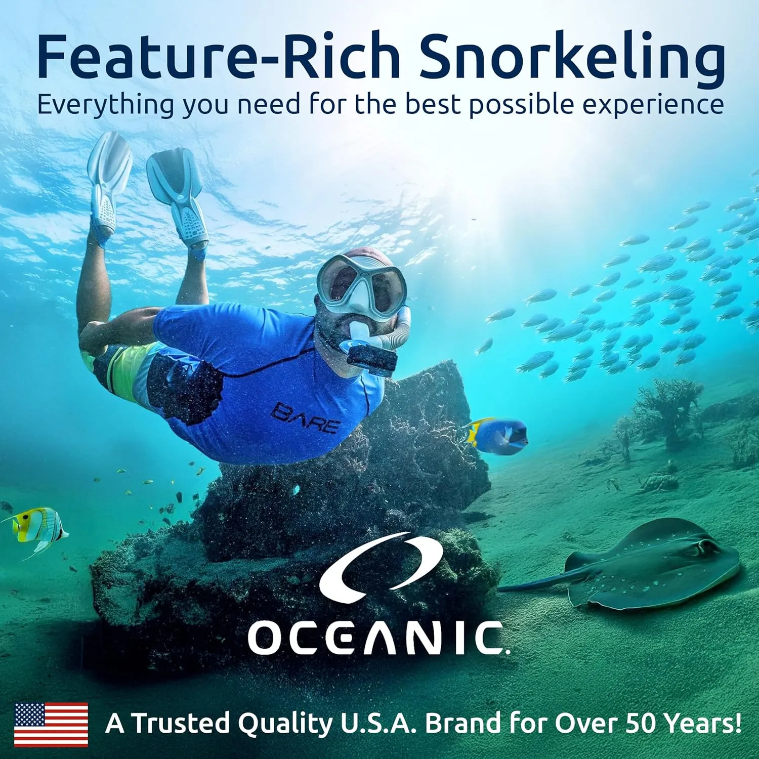 OCEANIC Snorkel Set – Snorkeling Gear, Panoramic Wide View, Anti-Fog Scuba Diving Mask, Snorkel, Fins & Mesh Gear Bag