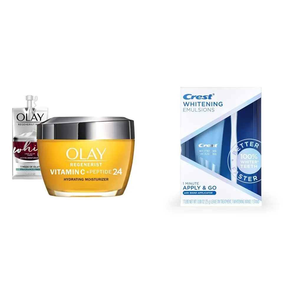 Olay Regenerist Vitamin C   Peptide 24 Brightening Face Moisturizer   Travel Size Whip Face Moisturizer and Crest Whitening Emulsions Leave-on Teeth Whitening Kit with Applicator (0.88 Oz)