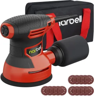 Orbital Sander 3.2A (380W) with Bag, 14000RPM Max 6 Variable Speeds Random Orbit Sander, 5" Palm Sander Tool with 15pcs Sanderpapers, Dust Bag for woodworking, Red