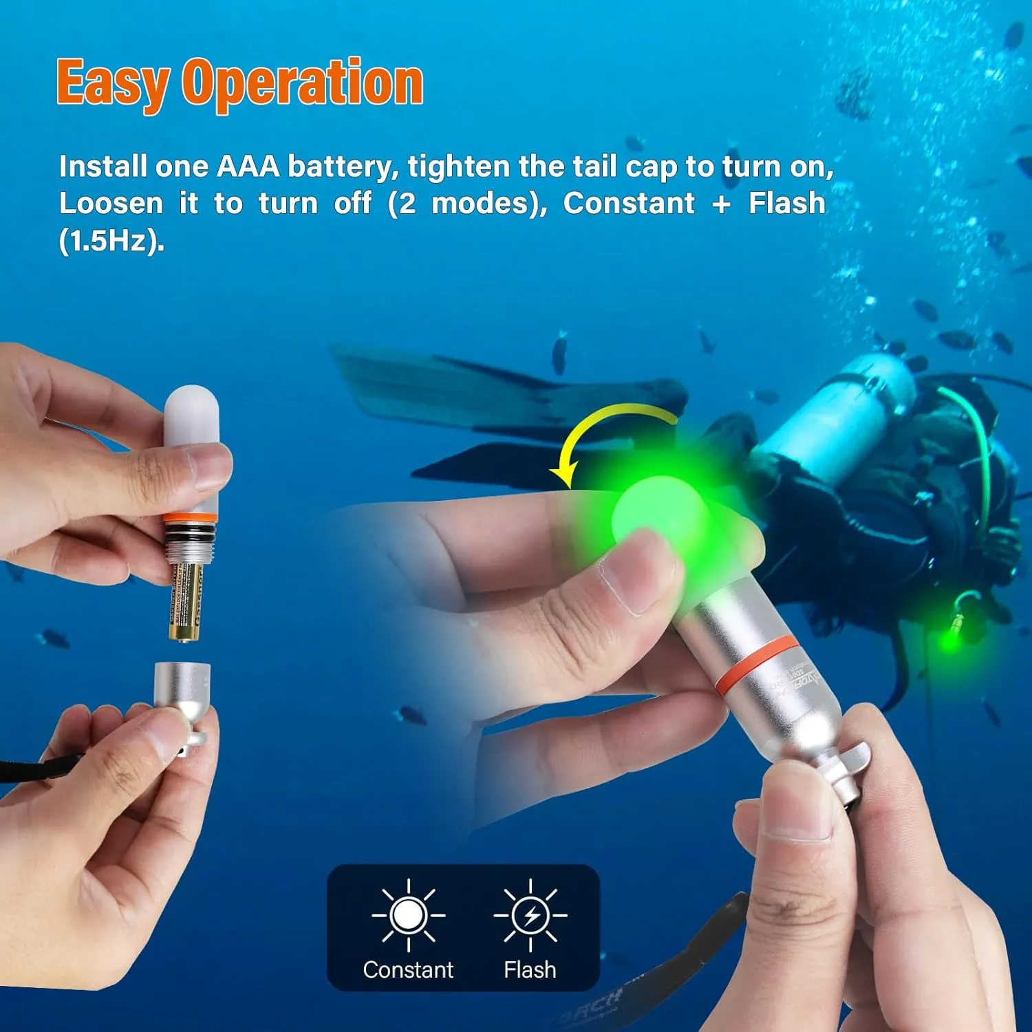 ORCATORCH SD01PRO Upgrade Bright Dive Signal Light, Submersible Beacon Mini Tank Marker Light with Constant and Flashing Modes, for Scuba Diving and Night Time Visibility (Green)