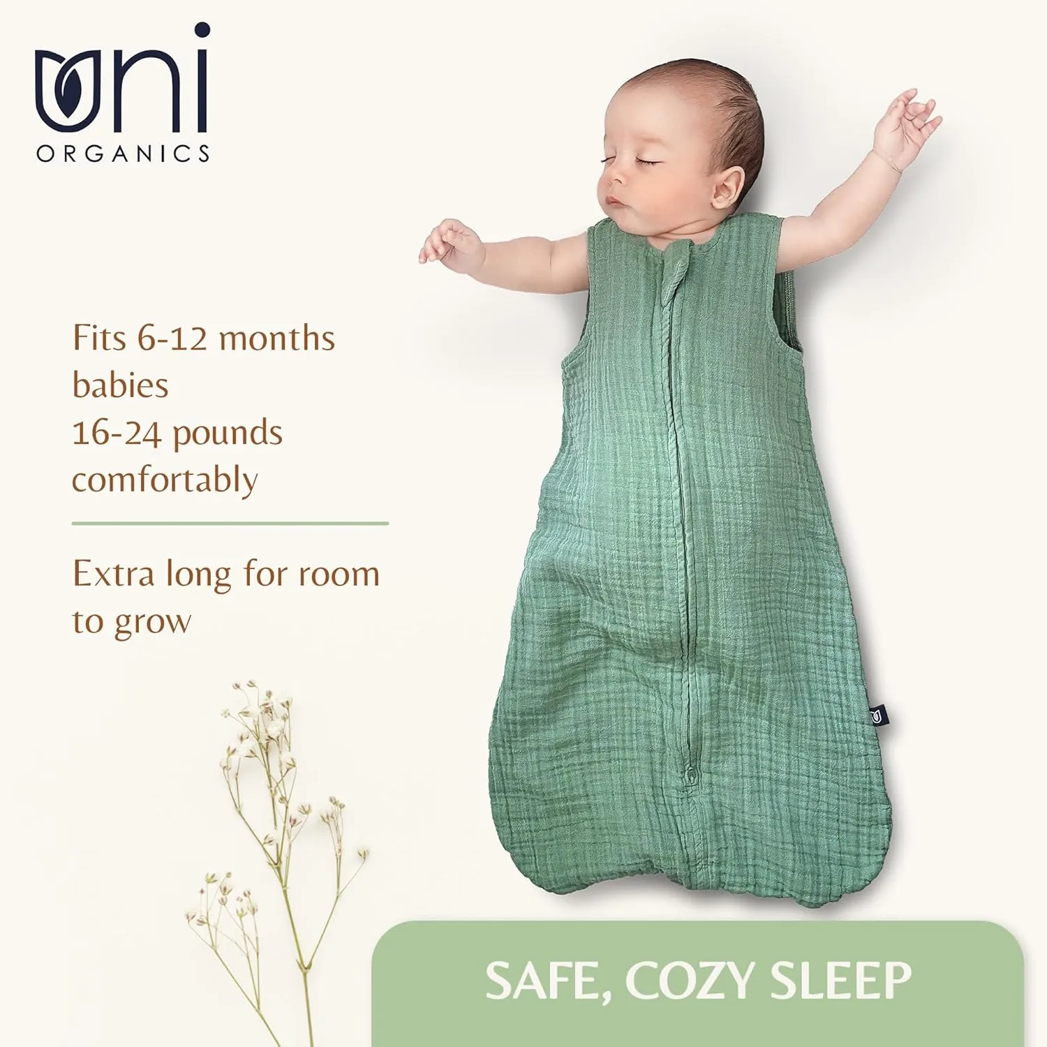 Organic Cotton Baby Sleep Sack 6-12 Months - 1.0 Tog Wearable Baby Blanket - Zipper Sleep Sack for Diaper Changes