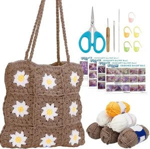 ORIGACH Crochet Kit for Beginner Adult, Crochet Granny Square Daisy Bag Kit Shoulder Bag Handbag Crochet Set with Step by Step Video Tutorial, Instruction, Yarn, Hook, Accessories, Khaki