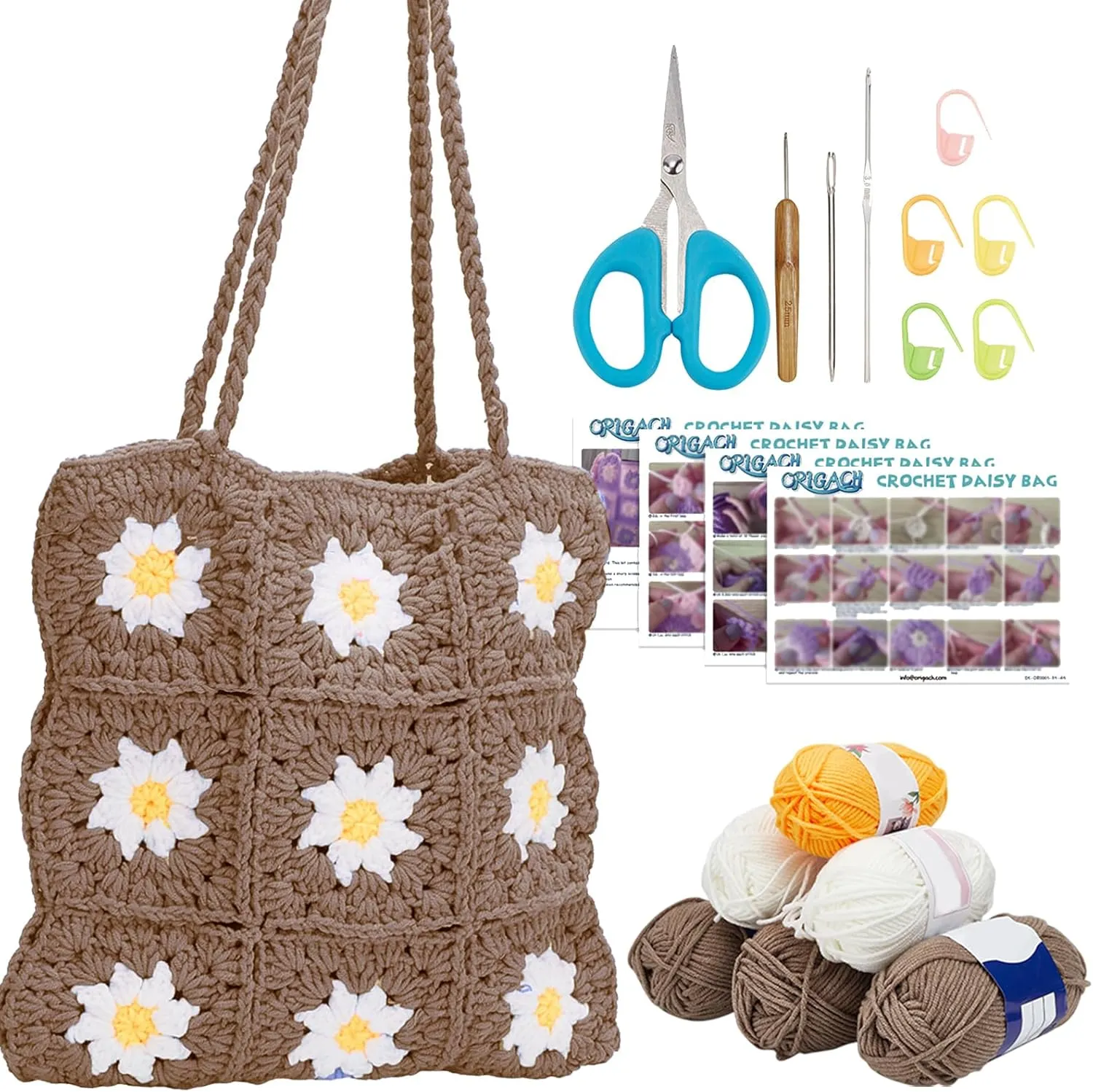 ORIGACH Crochet Kit for Beginner Adult, Crochet Granny Square Daisy Bag Kit Shoulder Bag Handbag Crochet Set with Step by Step Video Tutorial, Instruction, Yarn, Hook, Accessories, Khaki