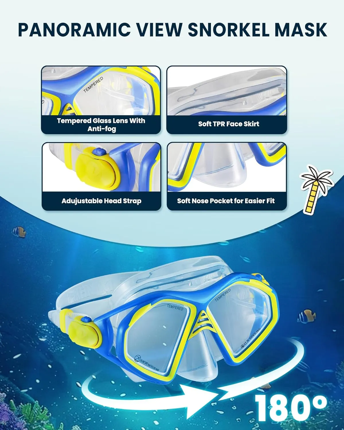 OutdoorMaster x U.S. Divers Admiral Set Adults Snorkeling Mask Fins Gear, Travel Use Scuba Diving Kit with Panoramic View Mask, Dry Top Snorkel, Trek Fins, Portable Bag for Swimming Snorkeling