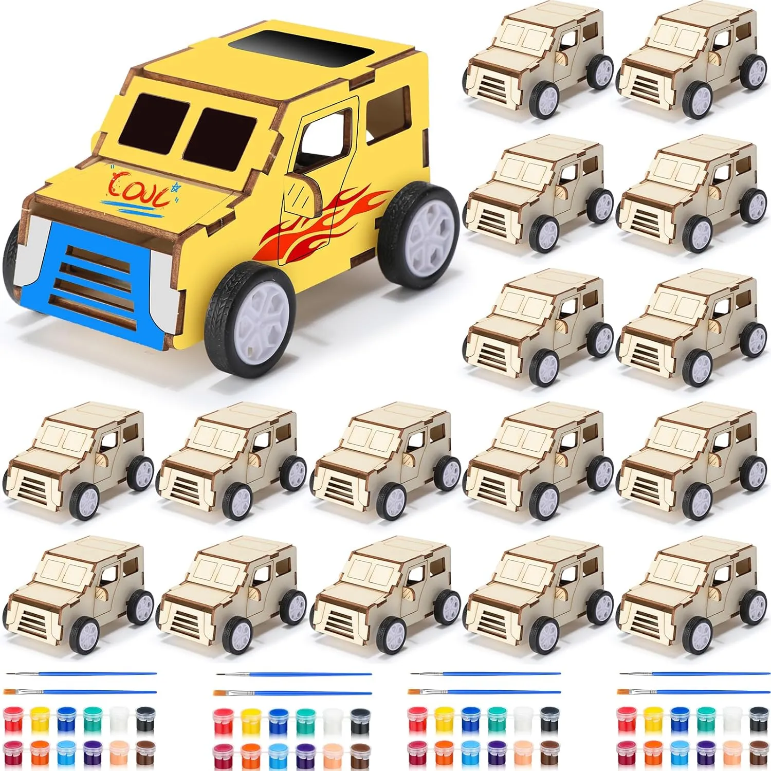 Outus 16 Pcs DIY Wooden Race Cars to Paint Unfinished Paintable Wooden Cars Toys for DIY Crafts Gifts for Students Easy Woodworking and Family Time Crafts Party Favors